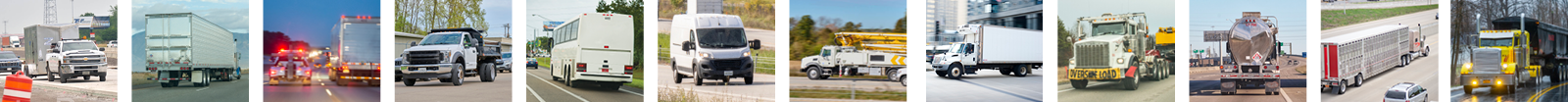 Variety of work trucks and passenger vehicles travelling on various roadways