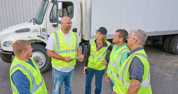 Fleet manager talking to drivers by a box truck