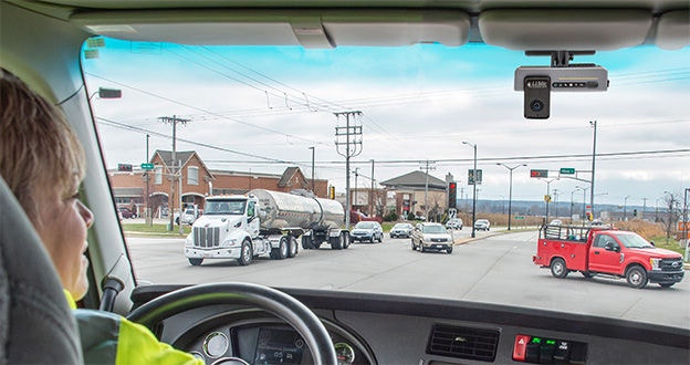 truck driver at intersection with dash cam