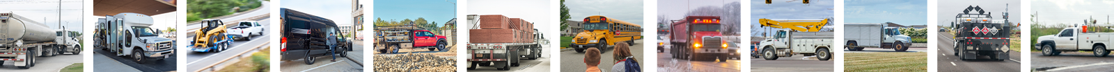 Variety of work trucks and passenger vehicles travelling on various roadways